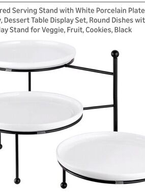 White Porcelain 3-Tier Serving Stand with Black Metal Frame